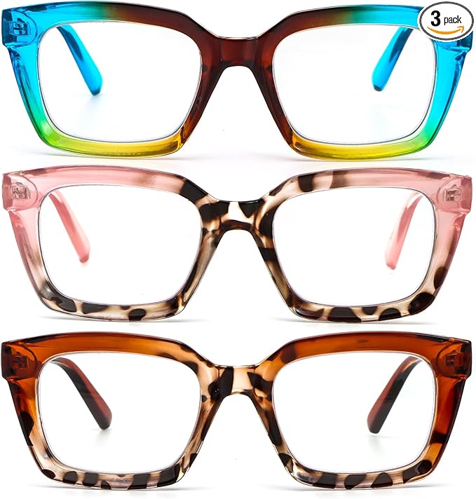 DXYXYO Reading Glasses for Women 2.5+ Blue Light Blocking, Oprah Style Square Oversized Computer Readers 3 Pack Retro Fashion, Blue+pink+brown