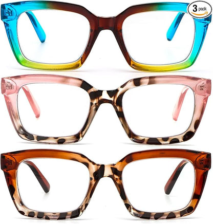 DXYXYO Reading Glasses for Women 2.5+ Blue Light Blocking, Oprah Style Square Oversized Computer Readers 3 Pack Retro Fashion, Blue+pink+brown