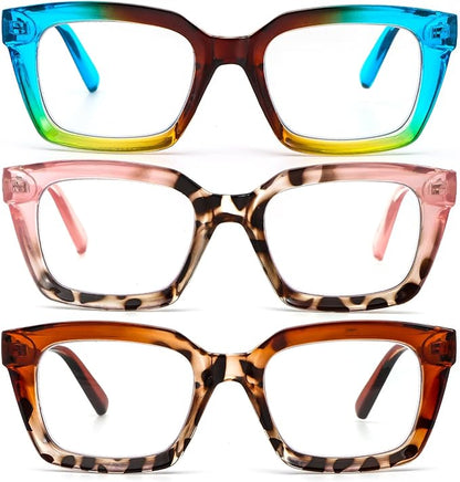 DXYXYO Reading Glasses Women 1.0 Blue Light Blocking, Oprah Style Square Oversized Computer Readers 3 Pack Retro Fashion, Blue+pink+brown