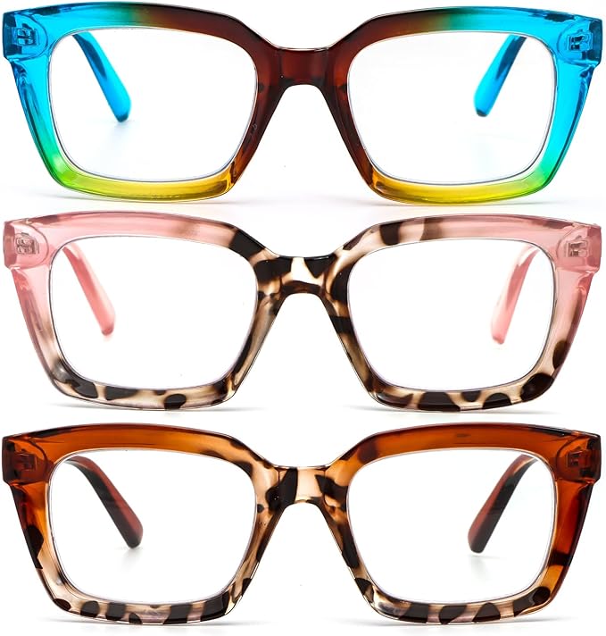 DXYXYO Reading Glasses Women 1.5 Blue Light Blocking, Oprah Style Square Oversized Computer Readers 3 Pack Retro Fashion, Blue+pink+brown