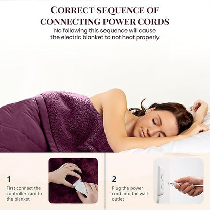 Thermee Micro Flannel Heated Blanket Queen Size - 10 Settings, Programmable, Rapid Heating, Luxuriously Soft, Burgundy