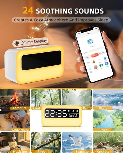 4-in-1 White Noise Sound Machine with 24 Soothing Sounds, Adjustable Night Light for Kids Adult, 4000mAh Rechargeable Bluetooth Speaker with Time Display as Chirstmas Gifts for Kids