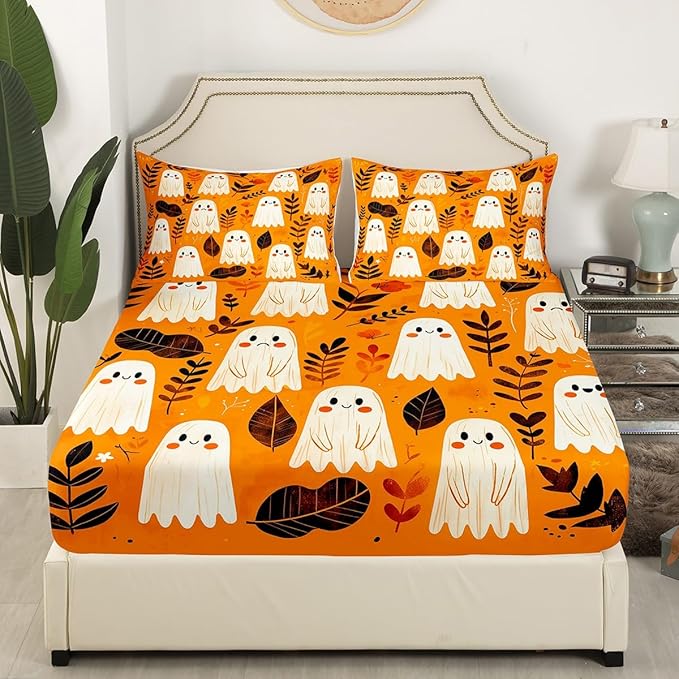 Halloween Ghost Fitted Sheet Nature Botanical Leaves Graffiti Rustic Farmhouse Bed Sheet Set for Kids Children Teens Cartoon Cute Ghosts Orange Bed Cover Toddler Bedroom Decor,Twin Size