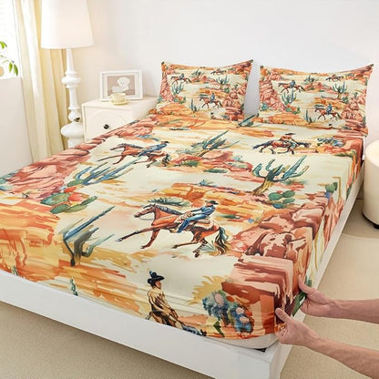 Manfei Western Cowboy Bed Sheets Twin Size,Cactus Desert Southwest Country Easy Wash Bedding Set,Boho Rustic Farmhouse Kids Room Decor,Orange Green Sheet(Fitted+Flat+1 Pillowcase)