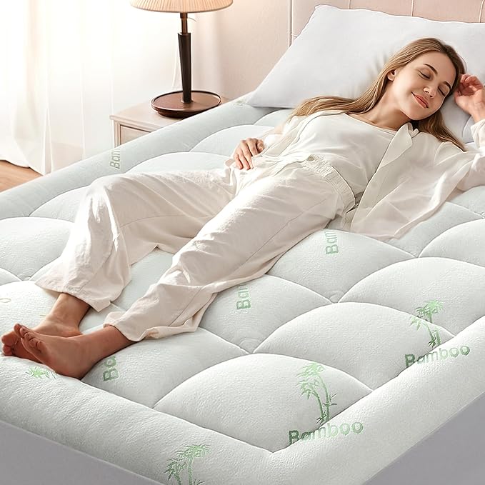 Anluoer Memory Foam Mattress Topper California King for Back Pain, Rayon Derived from Bamboo Pillow Top Mattress Topper for Hot Sleepers,Thick Mattress Pad with 8-21" Deep Pocket, 72x84 Inches, White