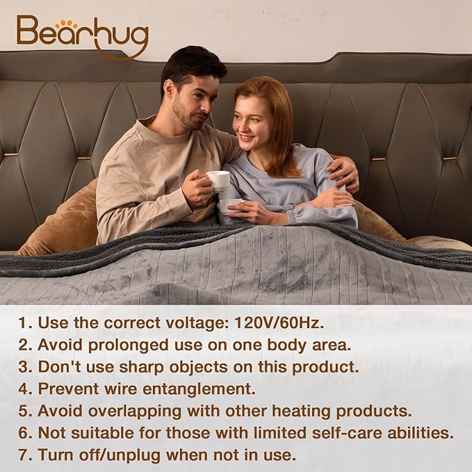 Bearhug Electric Blanket King Size 100" x 90", Dual Controller Heated Blanket, Velvet & Sherpa, 10-Heat Levels & 1-12H Auto Off, Over-Heat Protect, ETL, Machine Washable