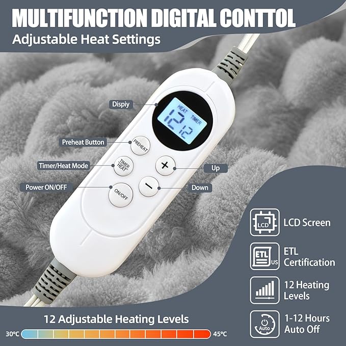 Heated Blanket Electric Blanket Heating, Dual Control Soft Ribbed Faux Fur Electric Blanket with 12 Heat Levels 12H Timer ETL FCC Certified Machine Washable (Gray, King Size - 90" x 100")