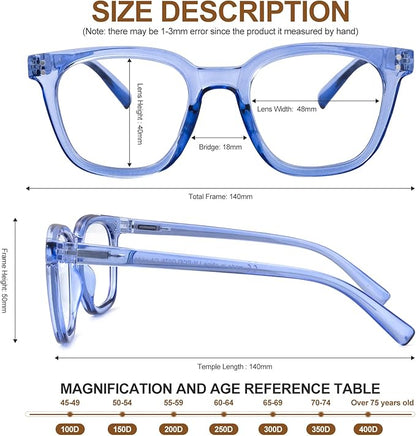 Reading Glasses for Men Women Blue Light Blocking with Spring Hinge, Blocking Readers Anti UV Ray Filter Eyeglasses, Square Computer Reader Glasses, Blue, +3.0