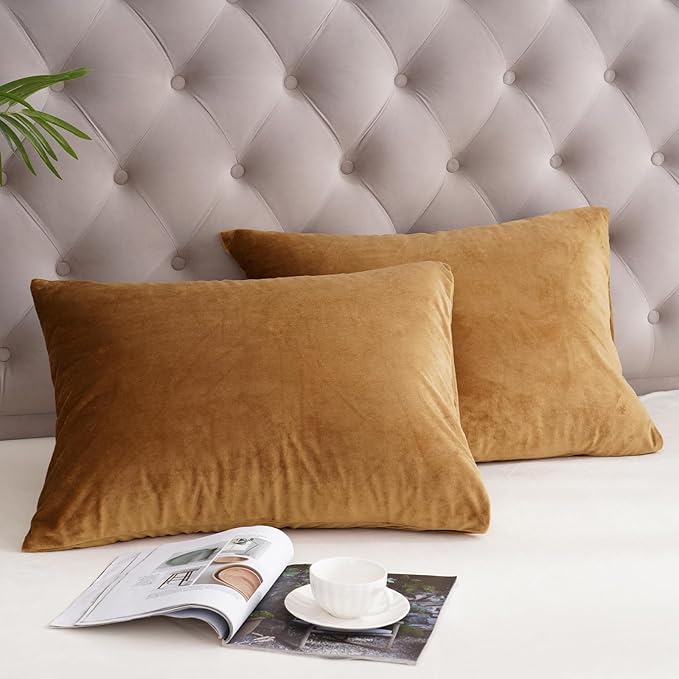 PHF Super Soft Velvet Pillowcases King Size, No Insert, 2 Pack Luxury Cozy Warm Pillow Shams Covers with Envelope Closure, 20" X 36" Cozy Fuzzy Flannel Pillow Case, Brownish Camel