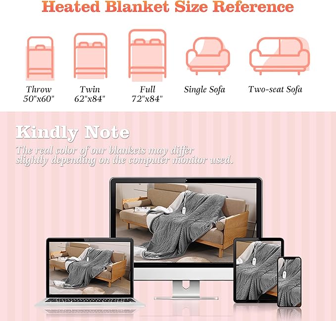 Heated Blanket Electric Throw 50"x60" Heating Blanket 450gsm Ribbed Flannel Sherpa Ultra-Soft with 5 Heating Levels and 4 Hour Auto Off, ETL & FCC Certified Electric Blanket, Great Winter Gift, Grey