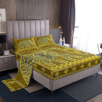 Manfei Indian Pattern Kids Sheet King Size,Native American Indian Style Bedding Set,Boys Girls Room Decor,Exotic Elephant Bohemia Golden Trippy Boho Bed Sheet Set 4pcs(Fitted + Flat + 2 Pillowcases)