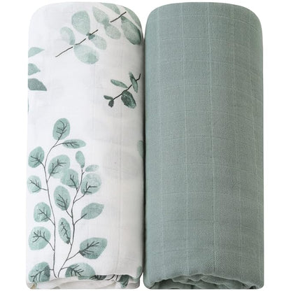 LifeTree Muslin Swaddle Blankets, 2 Pack Baby Swaddling Receiving Blanket for Boys & Girls, 70% Viscose from Bamboo & 30% Cotton, Large 47" X 47" Eucalyptus Leaves/Sage