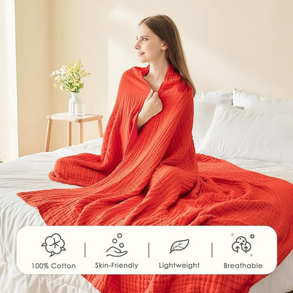 EMME Cotton Blanket Queen Size for Bed Soft Large Muslin Bed Blankets 90"x90" Lightweight Breathable All Season Gauze Blanket, Orange Rust