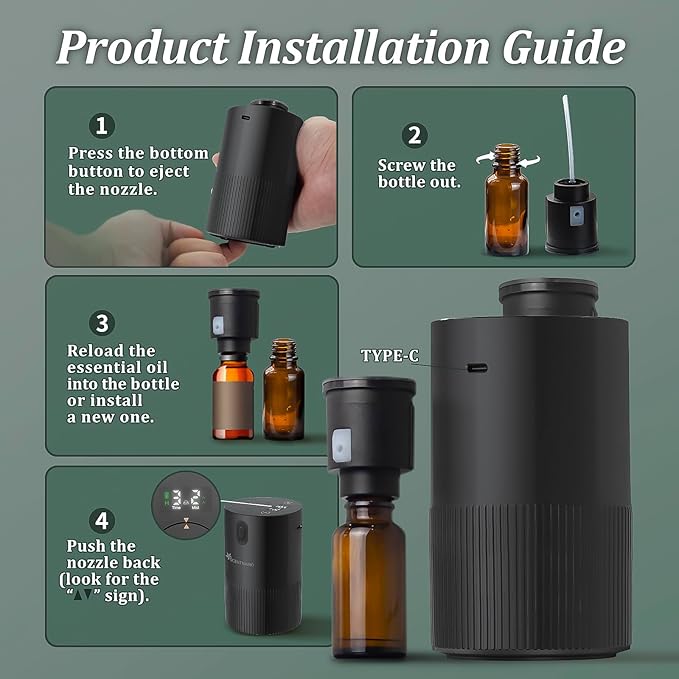 Waterless Diffuser for Essential Oil - Aroma Diffuser for Home with Battery Indicator, Portable Smart Scent Air Machine 1/2/3 & Continuous Mist, Timing & Auto-Off Function