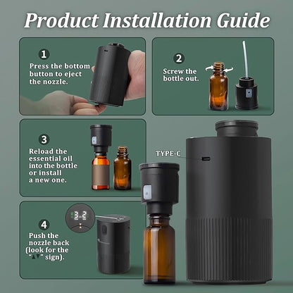 Waterless Diffuser for Essential Oil - Aroma Diffuser for Home with Battery Indicator, Portable Smart Scent Air Machine 1/2/3 & Continuous Mist, Timing & Auto-Off Function