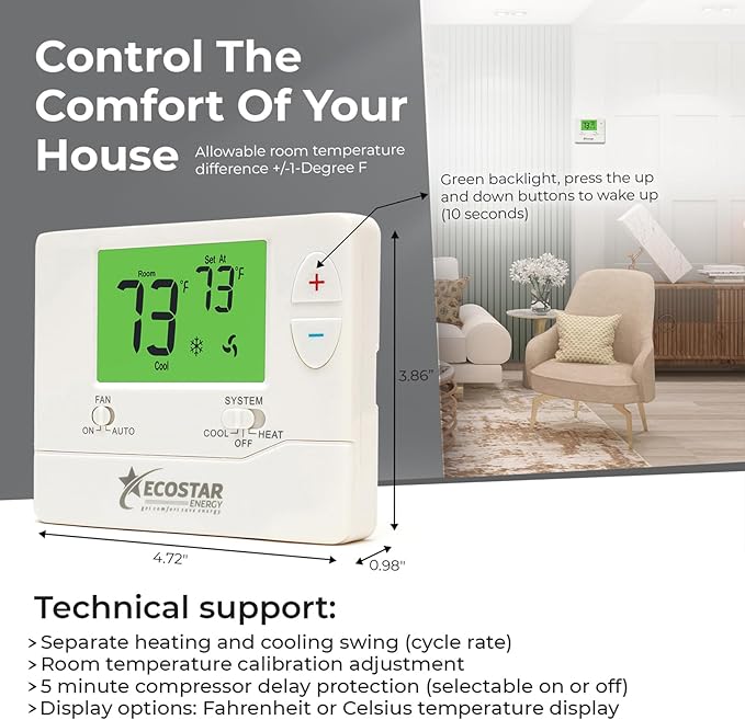 Non-Programmable Conventional Single Stage 1 Heat/1 Cool Energy Saving Digital Thermostat with Green Backlight for Home & Commercial Air Conditioning/Heating/HVAC Systems, Easy DIY Installation