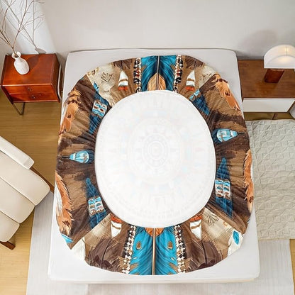 Dream Catcher Kids Twin Size Fitted Sheet,Aztec Western Tribal Boho Boys Girls Bed Sheets,Rustic Farmhouse Feather Room Decor,Brown Blue Bedding Set,1 Pillowcase(No Flat)