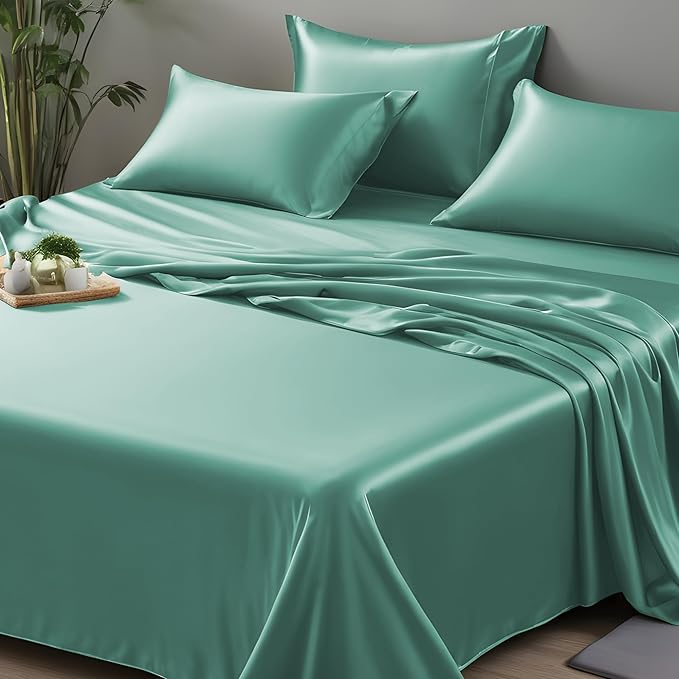 LINENWALAS Queen Flat Sheet Only - Rayon Derived from Bamboo Silk Bed Sheet, Premium Breathable Cooling Sheet, Soft Top Sheet (Queen, Aqua)