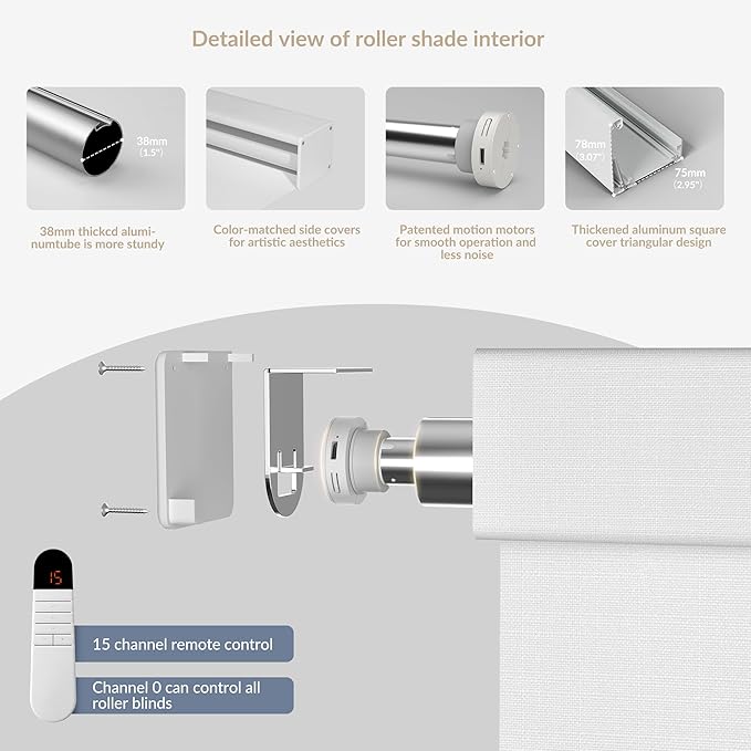 Boolegon Motorized Roller Blinds with Remote Control, Blackout Linen Fabric-Matched Automatic Roller Shades for Windows, Rechargeable Electric Window Shades for Home, Office, White, Custom Now
