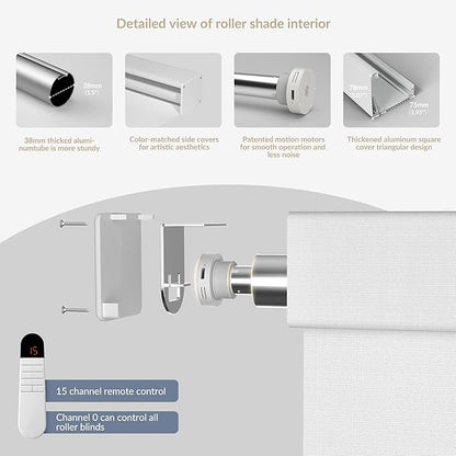 Boolegon Motorized Roller Blinds with Remote Control, Blackout Linen Fabric-Matched Automatic Roller Shades for Windows, Rechargeable Electric Window Shades for Home, Office, White, Custom Now