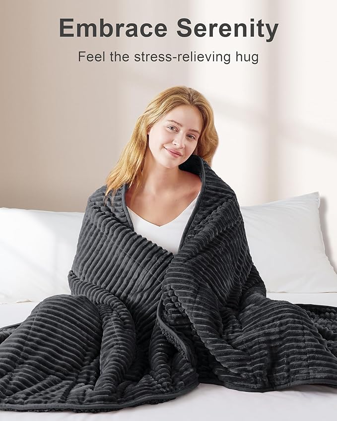 Sherpa Fleece Adult Weighted Blanket 20lbs with Ribbed Stripes, Dual Sided Fuzzy Warm Blanket for Couch Bed Sofa, Heavy Thick Blankets with Ceramic Beads Great for Sleep, Dark Grey, 60" x 80"
