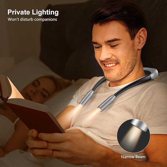 Gritin LED Neck Reading Light,Book Light for Reading in Bed-Eye Caring 3 Colors, Dimmable Brightness, Bendable Arms, 80+Hrs Runtime, Neck Round Design, Lightweight for Crafting, Knitting-Gray