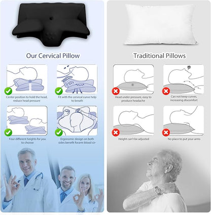 Cervical Pillow for Neck Pain Relief, Cooling Contour Memory Foam Pillows Support Odorless Ergonomic Neck Pillow Adjustable Orthopedic Bed Pillow for Side Back Stomach Sleeper with Pillowcase,Black