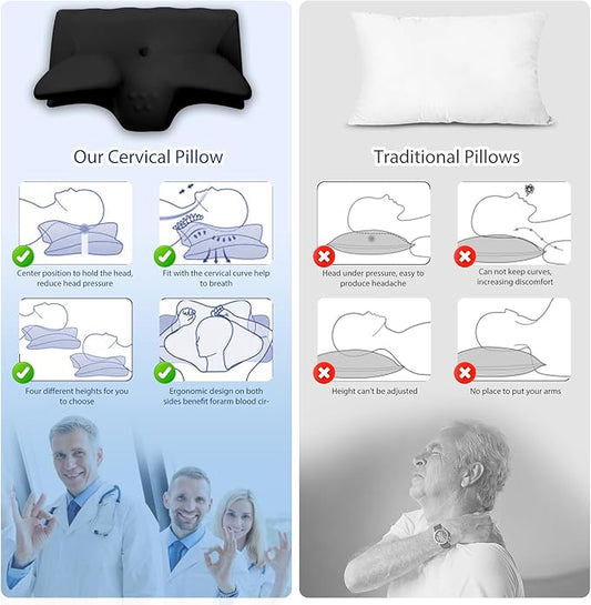 Cervical Pillow for Neck Pain Relief, Cooling Contour Memory Foam Pillows Support Odorless Ergonomic Neck Pillow Adjustable Orthopedic Bed Pillow for Side Back Stomach Sleeper with Pillowcase,Black