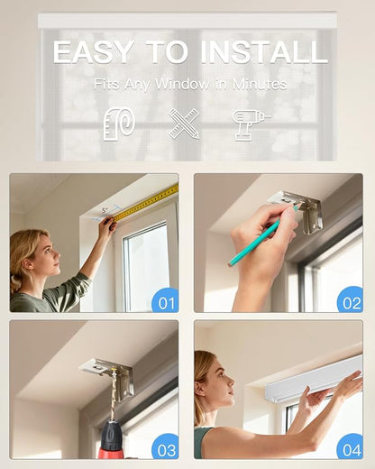 Motorized Solar Roller Shades with Remote Control, Light Filtering Smart Blinds for Windows Work with Alexa Google via Hub, Rechargeable Electric Shade Customized Size (Fireproof White)