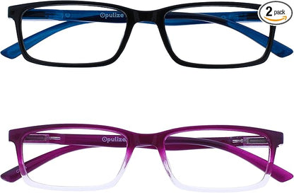 OPULIZE SEE Reading Glasses with Blue Light Blocking for Women and Men, Narrow Frame, Spring Hinges, Computer Gaming Glasses, Black,Purple +3 (Pack of 2)