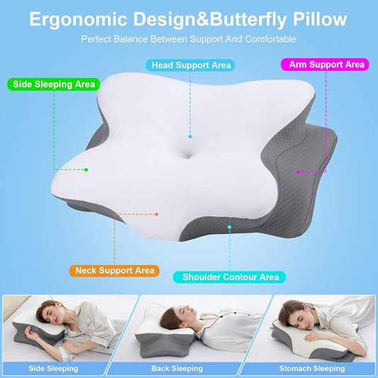 Memory Foam Pillows, Ergonomic Pillow for Neck Pain Relief, Bed Pillow for Sleeping, Cervical Neck Pillow for Side, Back, Stomach Sleeper with Cool Pillowcase, Side Sleeper Pillows for Adults