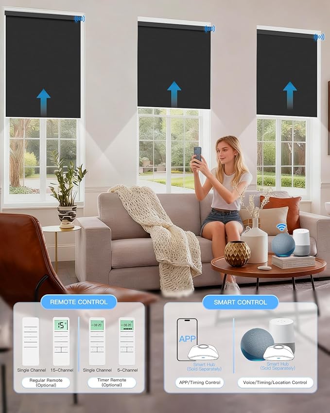 Motorized Roller Shade with Remote Control, Blackout Electric Shade for Windows Compatible with Alexa Google via Hub, Rechargeable Smart Window Blind Customized Size (Vinyl Black)