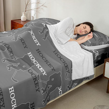 Manfei Hockey Players Bed Sheets Queen Size, Bedding Set, Ball Activity Game Boys Girls Room Decor,Gray Sheet(Fitted+Flat+2 Pillowcases)