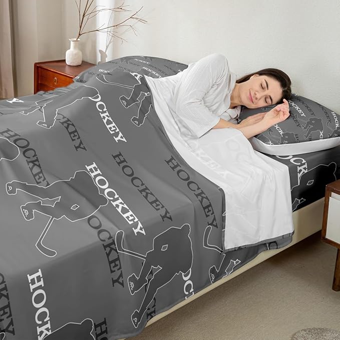 Manfei Hockey Players Bed Sheets Twin Size, Easy Wash Bedding Set,Ball Activity Game Kids Room Decor,Gray Sheet(Fitted+Flat+1 Pillowcase)