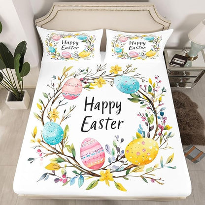 Happy Easter Fitted Sheet Queen Size Flowers Floral Easter Eggs Bedding Set for Kids Bedroom Spring Holiday Farmhouse Bed Sheet Set 3pcs White Colorful Deep Pocket Mattress Cover,No Top Flat