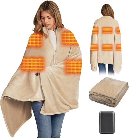 16000mAh Heated Blanket Battery Operated Soft Cordless Heated Blanket Shawl Portable Heated Throw Blanket Poncho Wraps Fast Heating with 3 Heat Levels 6 Heating Zones