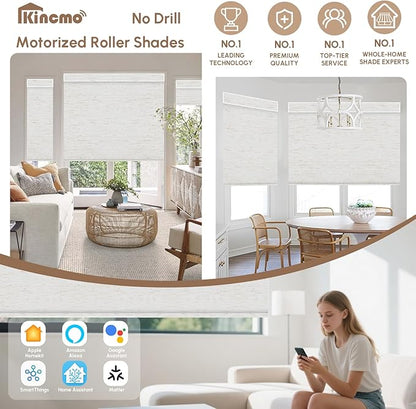 Kincmo No Drill Motorized Blinds with Remote, 100% Blackout Roller Shades for Windows, Custom Electric Blinds Compatible with Alexa, Apple Homekit, Google Home (100% Blackout Linen White)