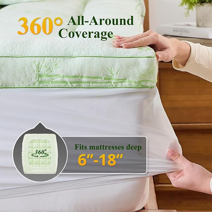 Memory Foam Mattress Topper - Viscose Made from Bamboo Pillow Top Thick Queen Size Mattress Pad for Back Pain, Ultra Soft & Cooling for Hot Sleepers, 6-18'' Deep Pocket, Green