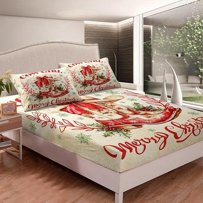 Cowgirl Christmas Fitted Sheet Set with 2 Pillowcase,Xmas Snowflake Red Bow Microfiber Mattress Cover,Western Tribal Boots Cap Texas Stars Vintage Brown Bed Cover Queen Size