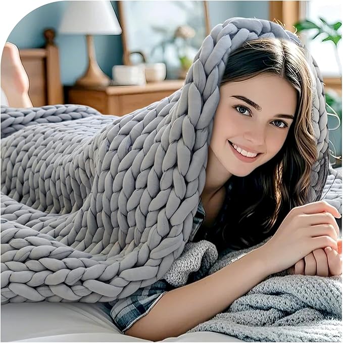 Hand-Knit Weighted Blanket for Adults, Chunky Knit Blanket, Cooling,Breathable,Sustainable,Machine Washable,Organic Cotton,Valentine's Day Gifts for Mom Women(Moonlight Lime,48"*72",12lbs)