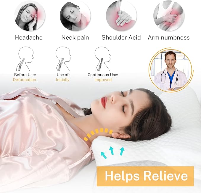 Misiki Contour Memory Foam Pillow, Cervical Pillow for Neck Pain Relief, Ergonomic Pillow for Sleeping, Orthopedic Neck Pillow with Washable Cover, Bed Pillows for Side, Back, Stomach Sleepers
