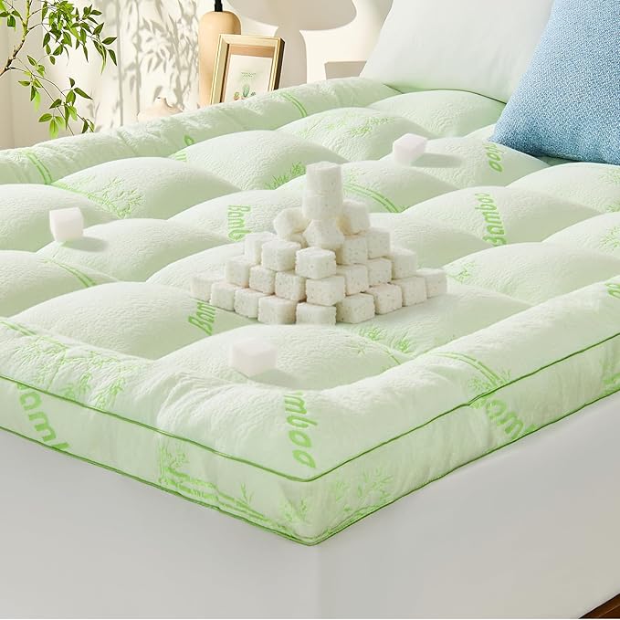 Memory Foam Mattress Topper - Viscose Made from Bamboo Pillow Top Thick Twin XL Size Mattress Pad for Back Pain, Ultra Soft & Cooling for Hot Sleepers, 6-18'' Deep Pocket, Green