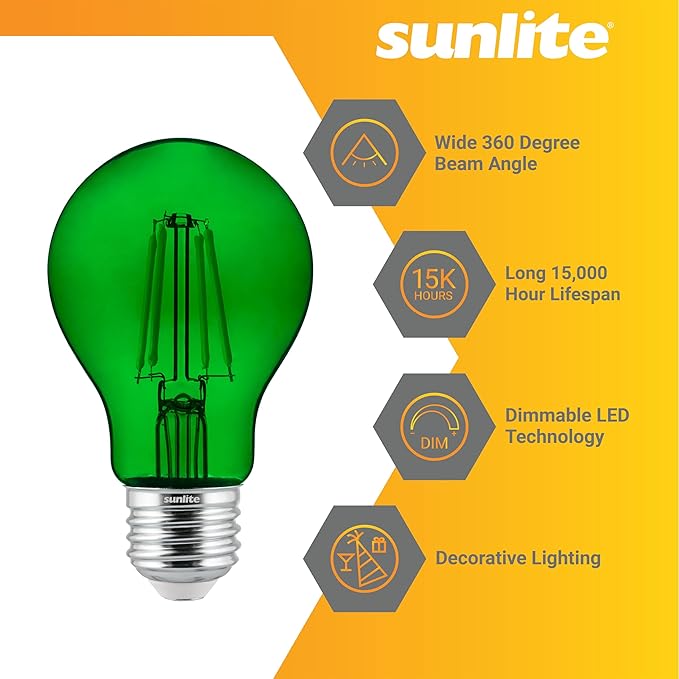 Sunlite 40941 LED Colored Filament A19 Light Bulb, 4.5 Watts, Medium E26 Base, 120 Volts, Transparent Green, Dimmable, 320 Degree Beam Angle, UL Listed, 6 Count