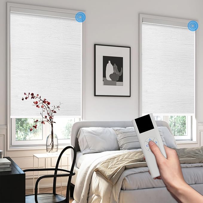 Motorized Blinds with Remote Cordless Automatic Motorized Shades Custom Blinds for Windows Smart Curtains Compatible with Alexa Google Home(Blackout Jacquard White,W20 x H72in)