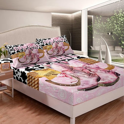 Western Cowgirl Fitted Sheet Queen Size Pink Bowknot Boots American Tribal Hoseshoe Bedding Sheet Set,Boho Paisley Rustic Cowhide Patchwork Bed Cover Ultra Soft Breathable Bedding 3 Pcs