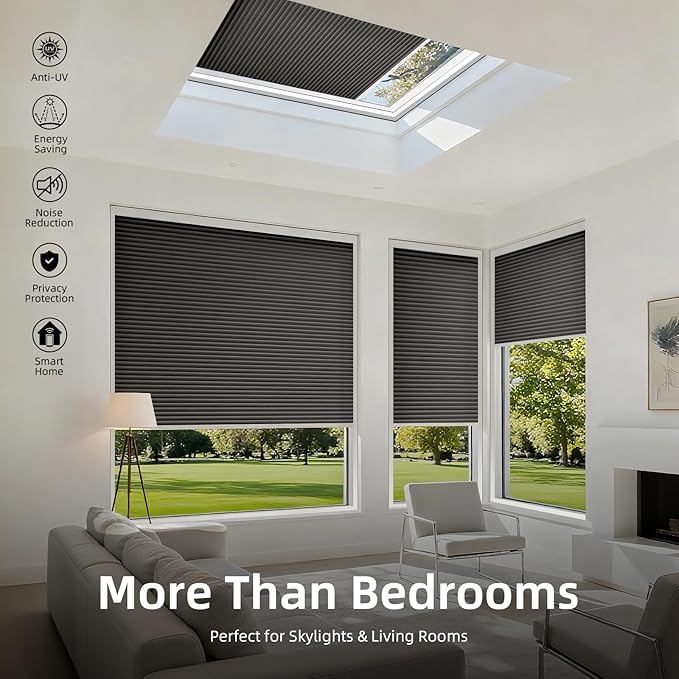 ZSTARR Motorized Skylight Shades Blackout Cellular Honeycomb Electric Blinds with Solar Panel Cordless Rechargeable with Remote for Roof and Slanted Windows Custom Size (LF Charcoal)