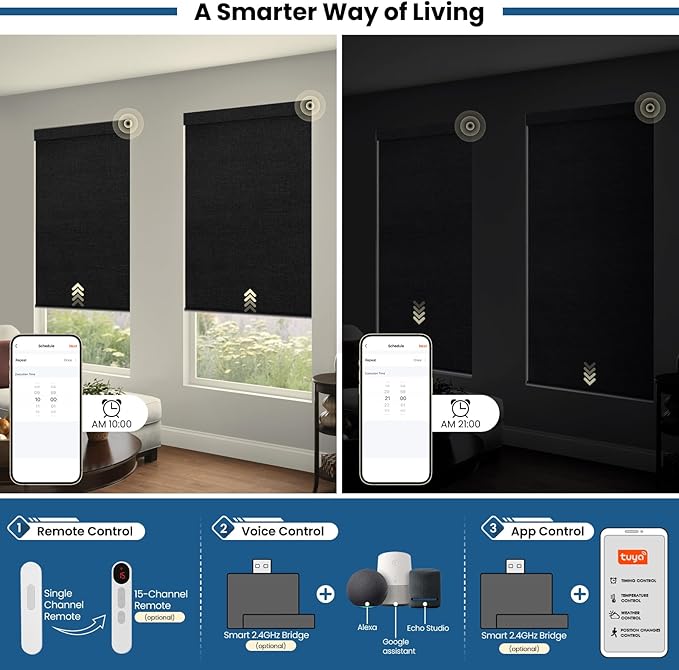No Drill Motorized Blinds with Remote, Blackout Automatic Blinds with Solar Panel, Cordless Smart Electric Roller Shades for Windows, Black, 46½ x 72