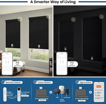 No Drill Motorized Blinds with Remote, Blackout Automatic Blinds with Solar Panel, Cordless Smart Electric Roller Shades for Windows, Black, 46½ x 72