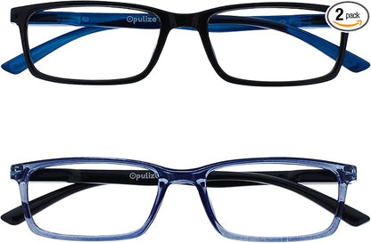 OPULIZE SEE Reading Glasses with Blue Light Blocking for Women and Men, Narrow Frame, Spring Hinges, Computer Gaming Glasses, Black,Blue +2.5 (Pack of 2)
