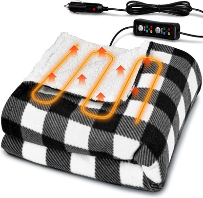 12V Car Heated Blanket 59"x39"Portable Heated Blanket for Travel with 4 Heating 4 Timing Settings Soft and Comfortable for Car SUV Camping（Black&White）